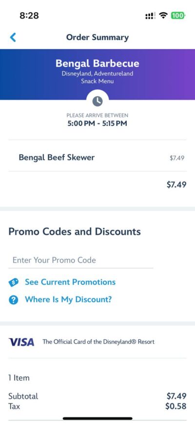 Mobile Order at Disneyland Guide order summary